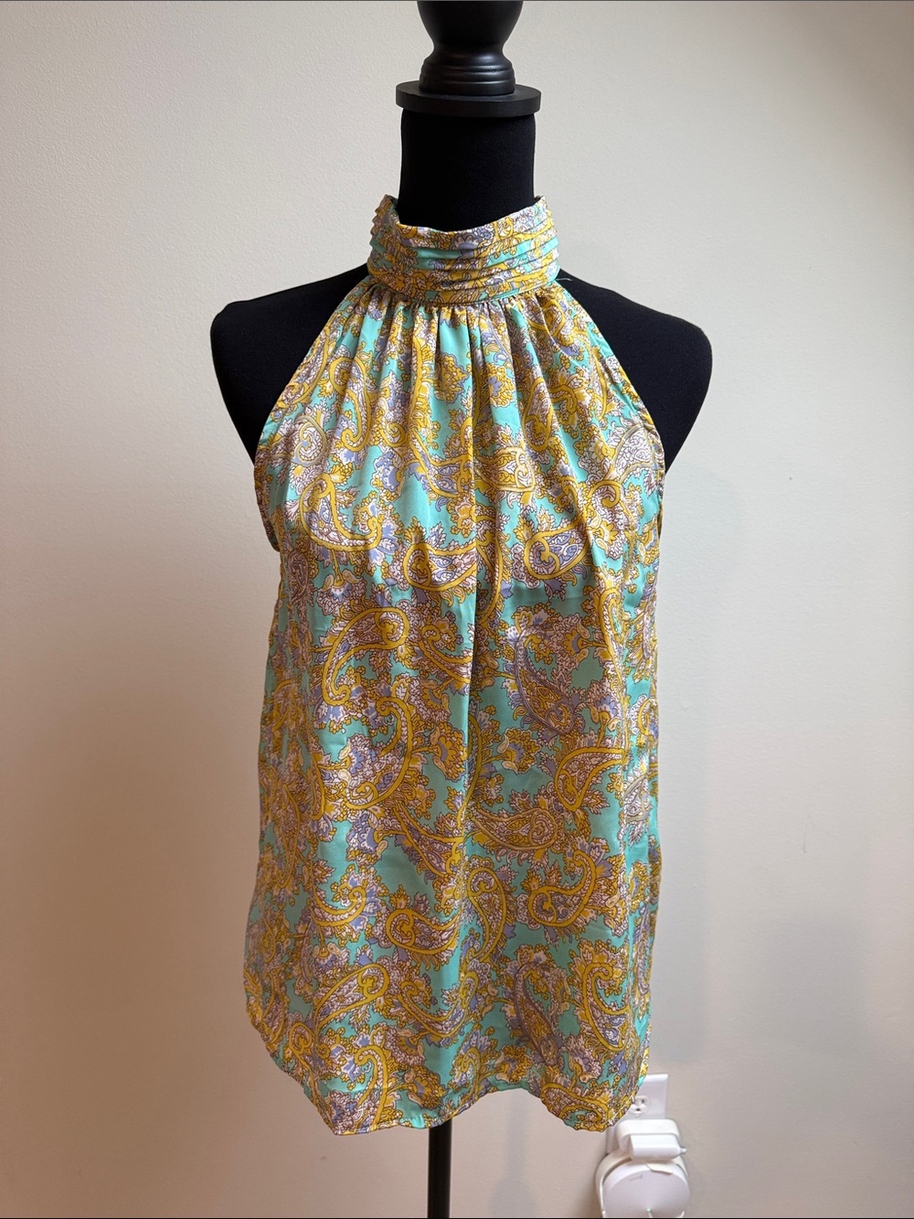 CHELSEA & THEODORE Sleeveless Paisley Halter Top in Aqua and Gold